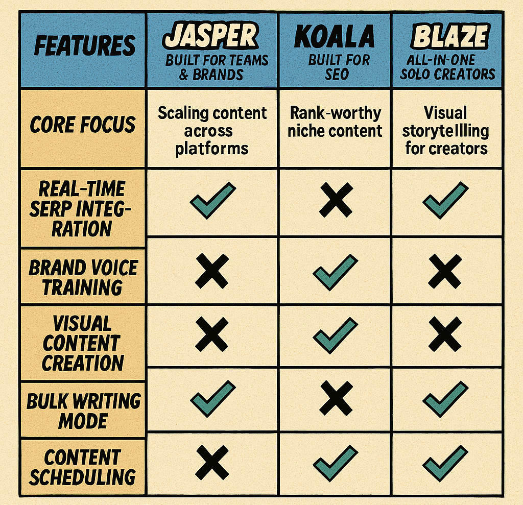 Jasper vs Koala vs Blaze AI Comparison Table – Best AI Writing Tools of 2025
