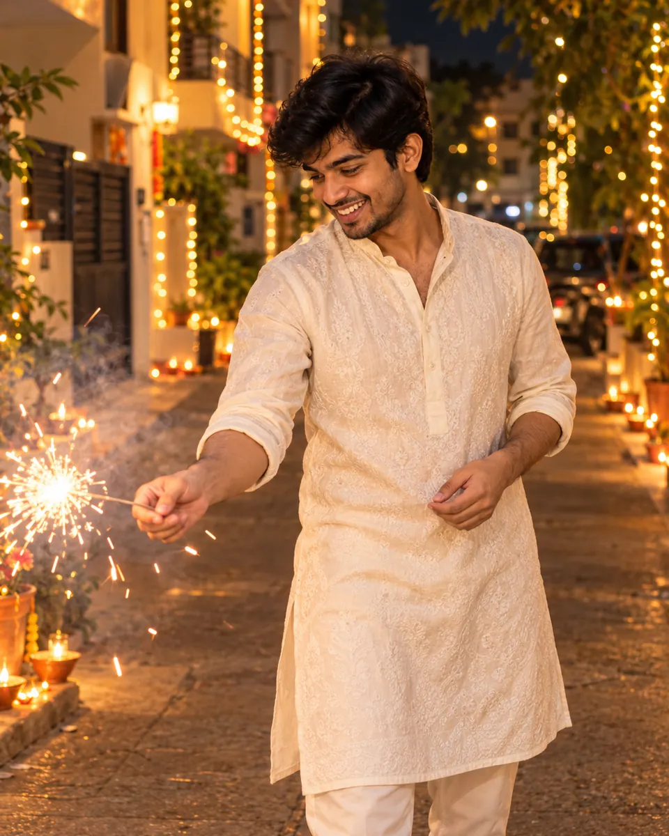 The same man in a cream chikankari kurta, smiling as he holds a sparkler in a lane of houses lit with string lights and diyas at night.
