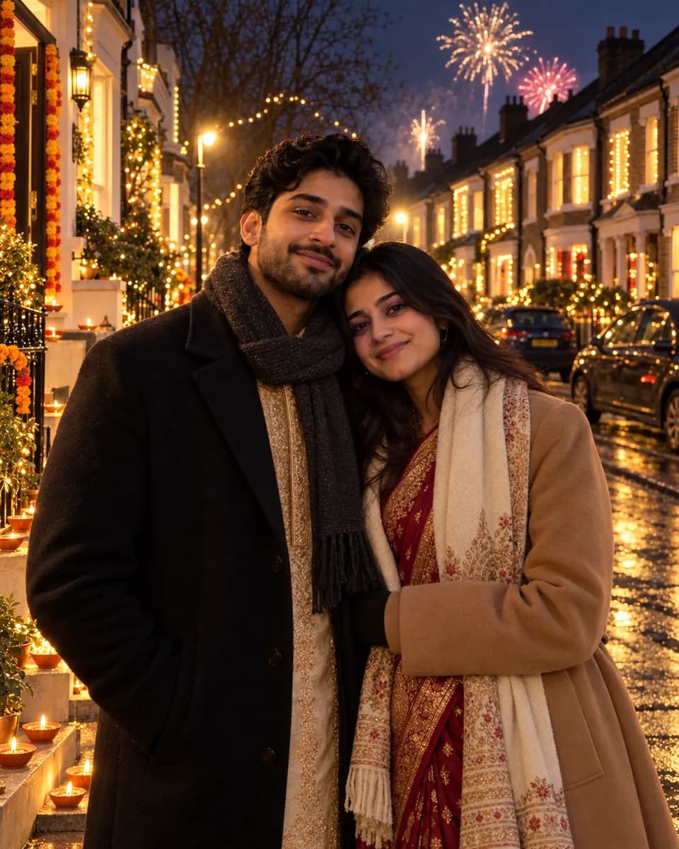 The same couple on the terraced street at night, she in a red saree and embroidered shawl under a camel coat, he in a cream kurta and dark coat with a light scarf and his arm around her, with marigold garlands, diyas on the front steps and fireworks over the rooftops.