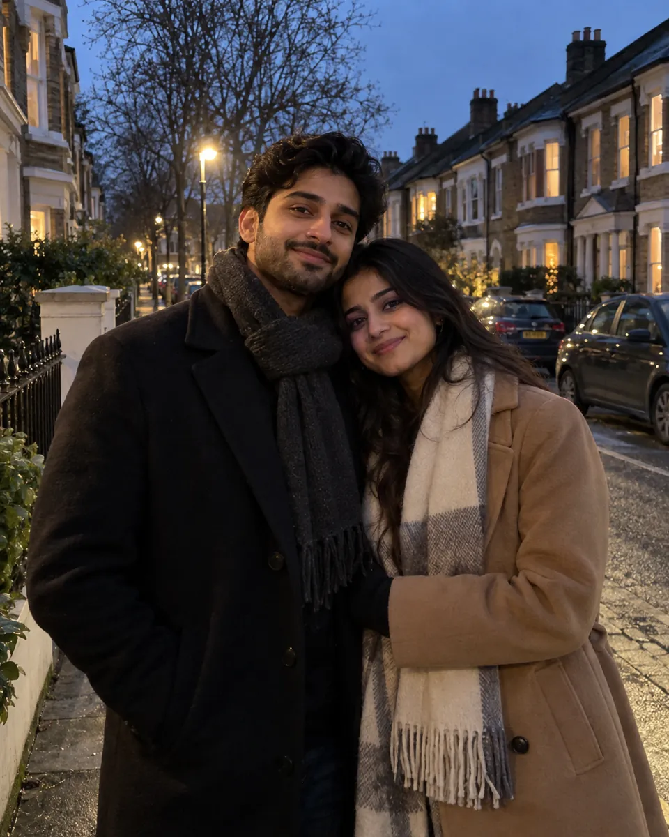 Couple in winter coats and scarves leaning together on a terraced street at dusk.