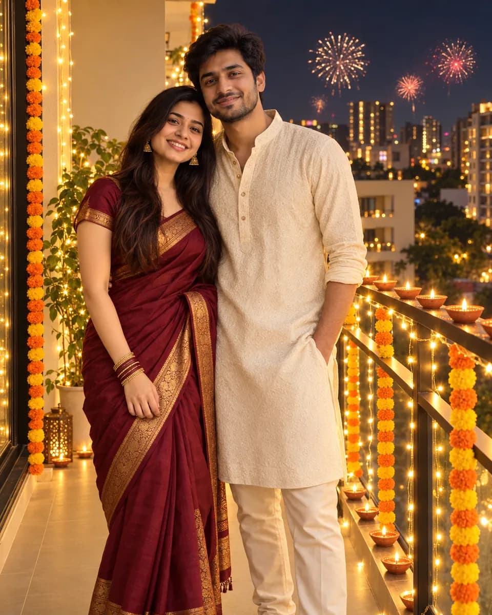 The same couple on the balcony at night, she in a maroon silk saree with a gold border and he in an ivory kurta, with marigold garlands, string lights, diyas on the railing and fireworks over the city.