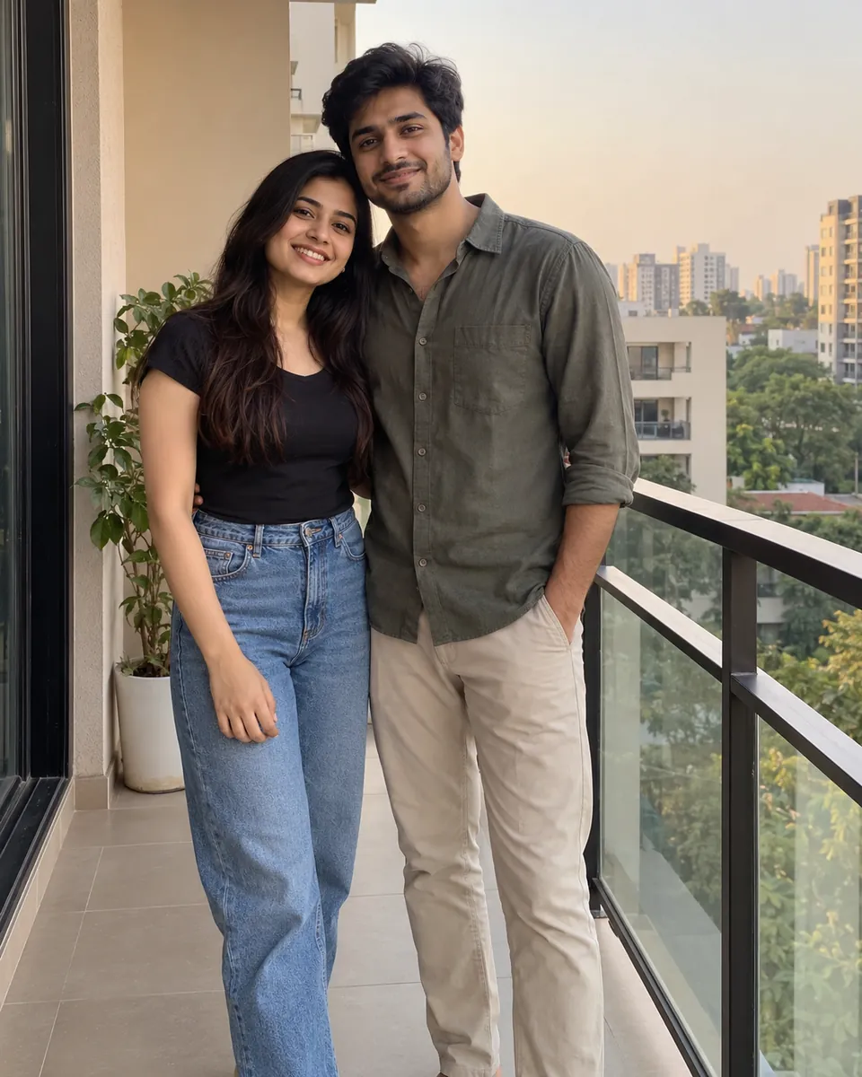 Young couple smiling on an apartment balcony at sunset, she in a black T-shirt and jeans, he in an olive shirt and beige trousers.