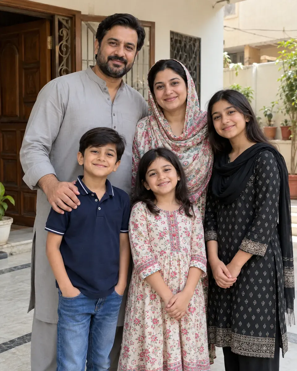 Family of five outside their home: a father in a grey shalwar kameez, a mother with a floral dupatta over her head, a teenage girl in a black kurta and two younger children.