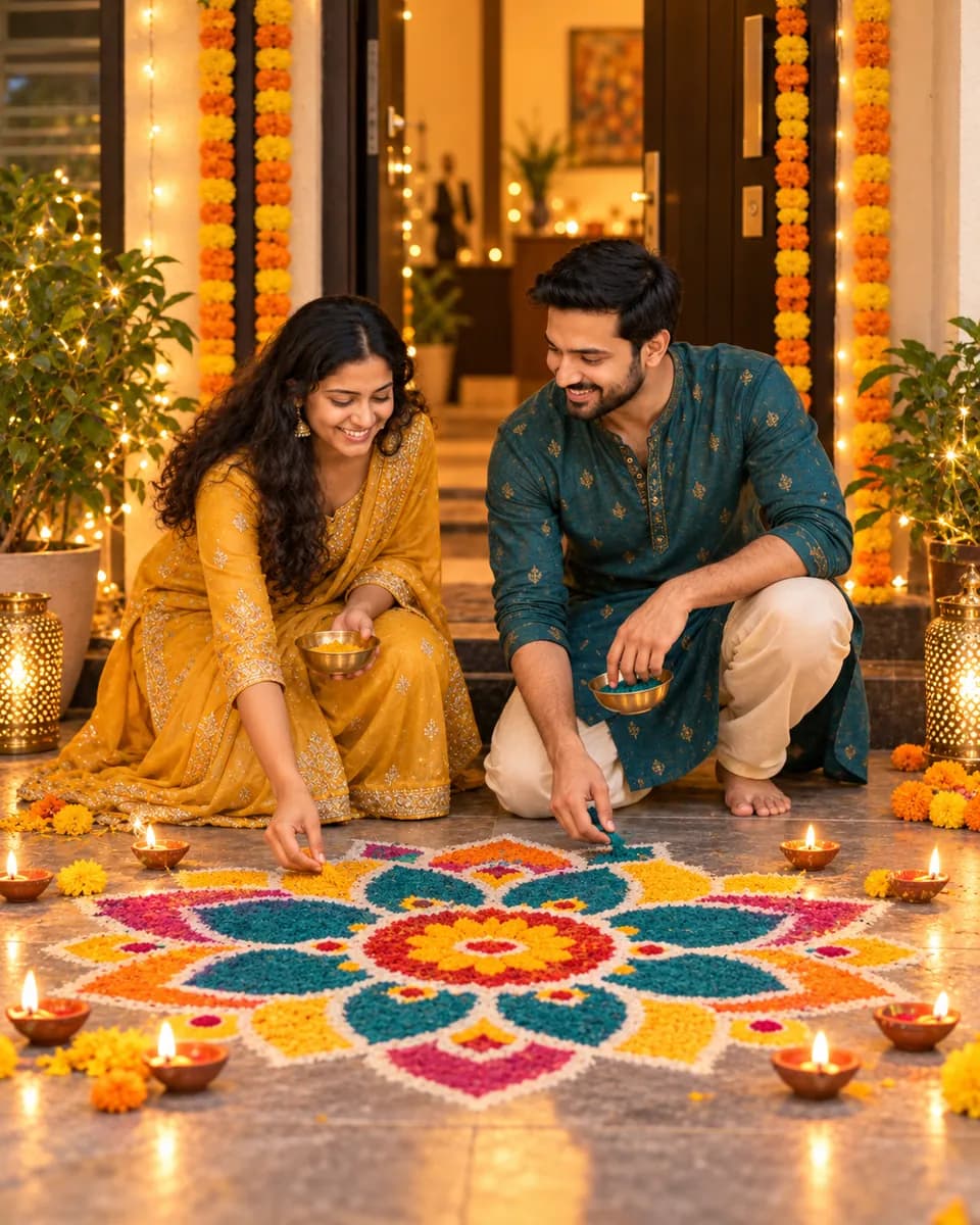 The same couple kneeling at their decorated front door, she in a mustard-yellow outfit and he in a teal kurta, adding colour to a bright flower-pattern rangoli ringed with lit diyas.