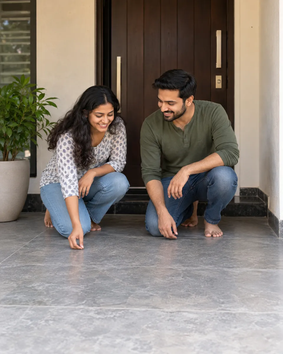 Couple crouching barefoot on a grey stone porch outside a wooden front door, smiling at each other in casual clothes.