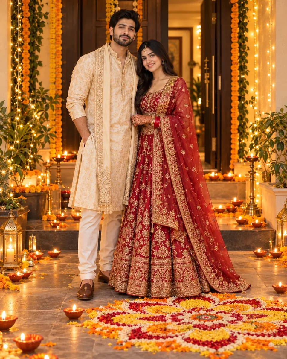 The same couple at a doorway decorated with marigold torans and fairy lights, he in a cream-and-gold kurta with an embroidered stole, she in a red bridal lehenga with gold work, with a marigold rangoli and diyas at their feet.