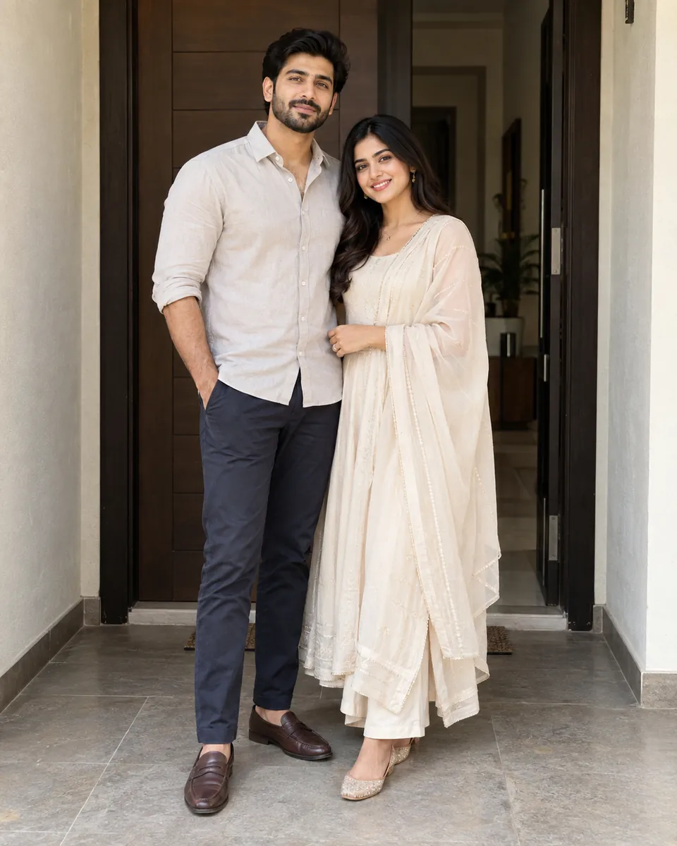 Couple standing at a home entrance, he in a beige linen shirt and navy trousers, she in an off-white suit with a sheer dupatta.