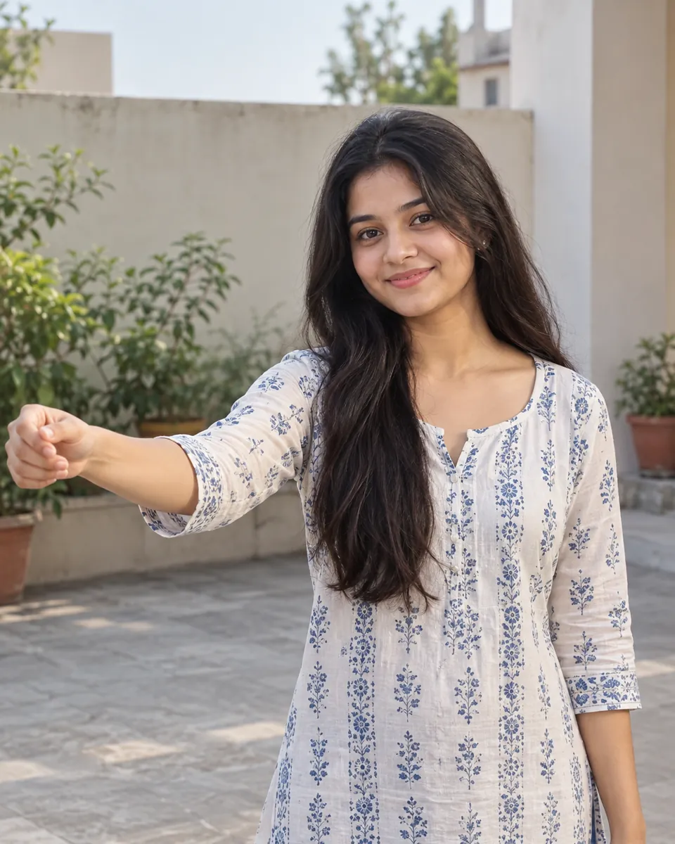 Young woman in a white kurta with a blue block print on a rooftop terrace, one arm stretched out toward the camera.