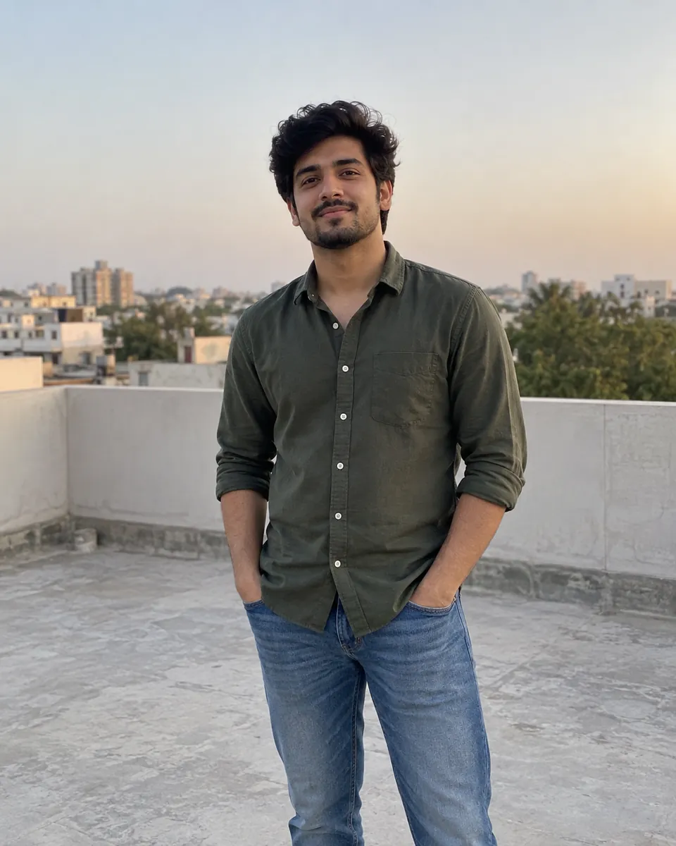 Man with curly hair and stubble in an olive shirt and jeans, hands in pockets on a plain rooftop at dusk.
