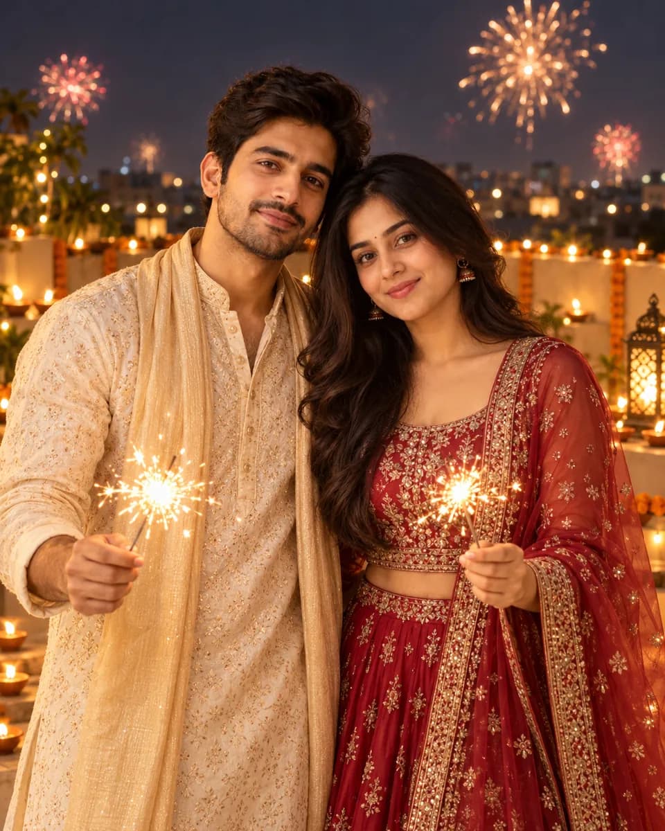 The two people combined into one night photo, standing close and holding sparklers, he in a cream kurta with a gold stole and she in a red embroidered lehenga, with fireworks and diyas behind them.