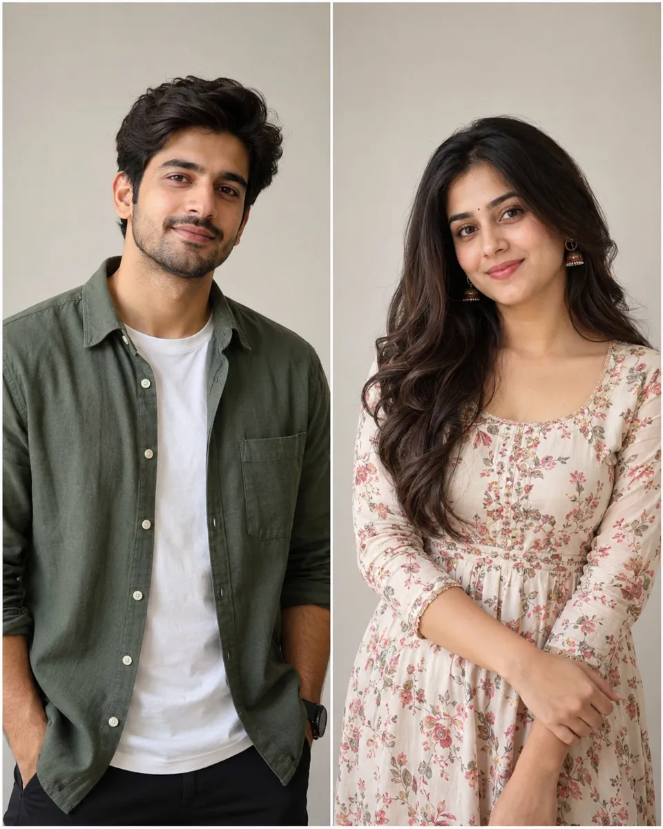 Two separate portraits side by side on plain grey backgrounds: a man in a green overshirt and white T-shirt, and a woman in a floral dress with jhumka earrings.