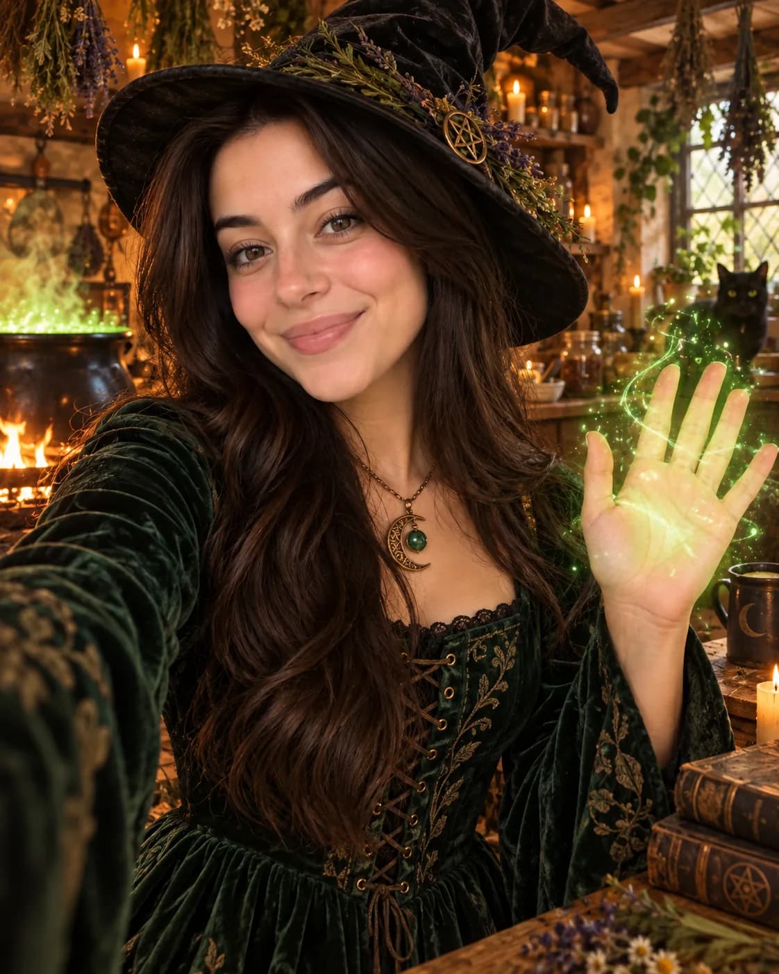 Friendly witch in a tall black pointed hat and dark dress, one hand raised with a soft green glow, in a cottage kitchen.