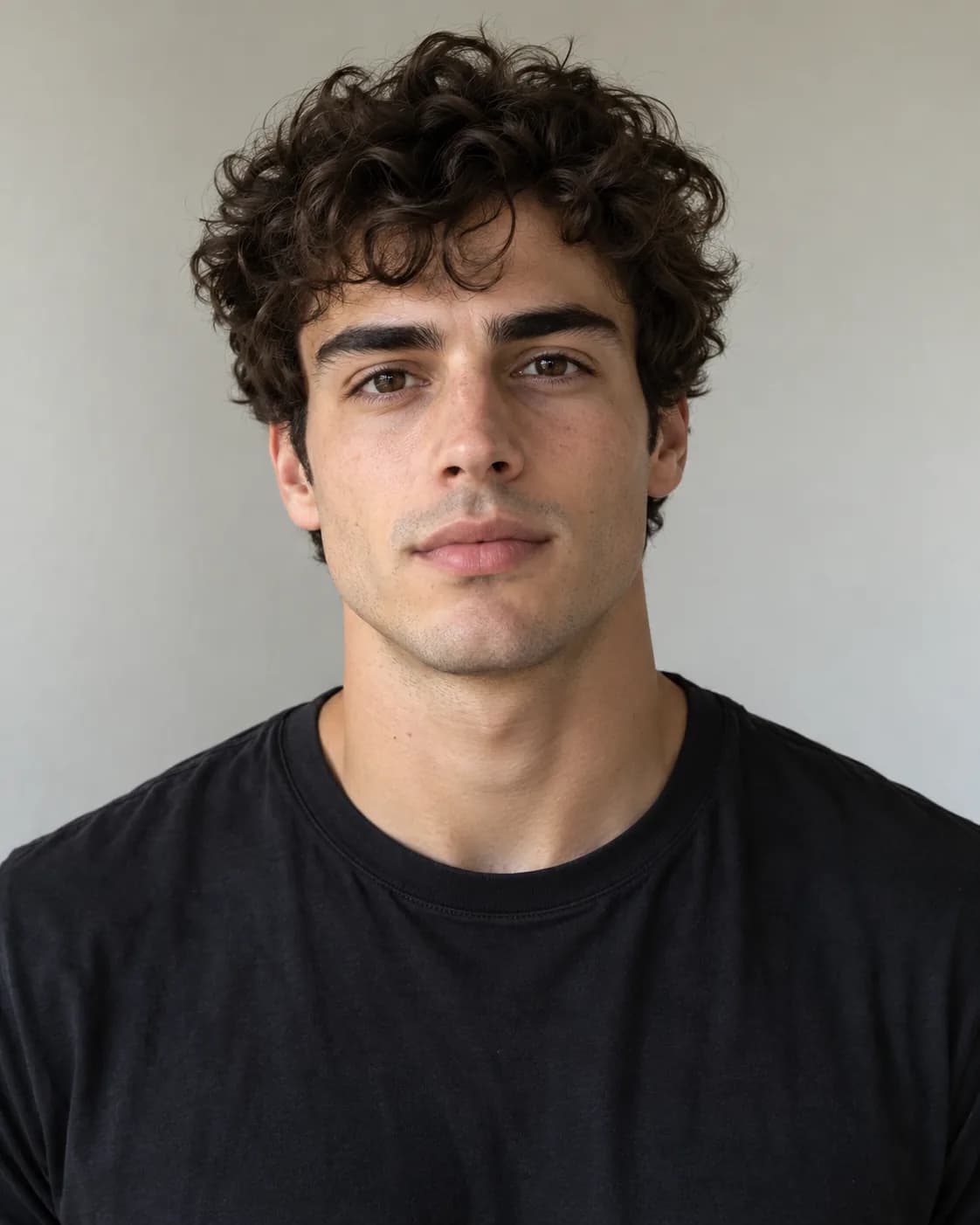 AI-generated young man with dark hair, wearing a black T-shirt.