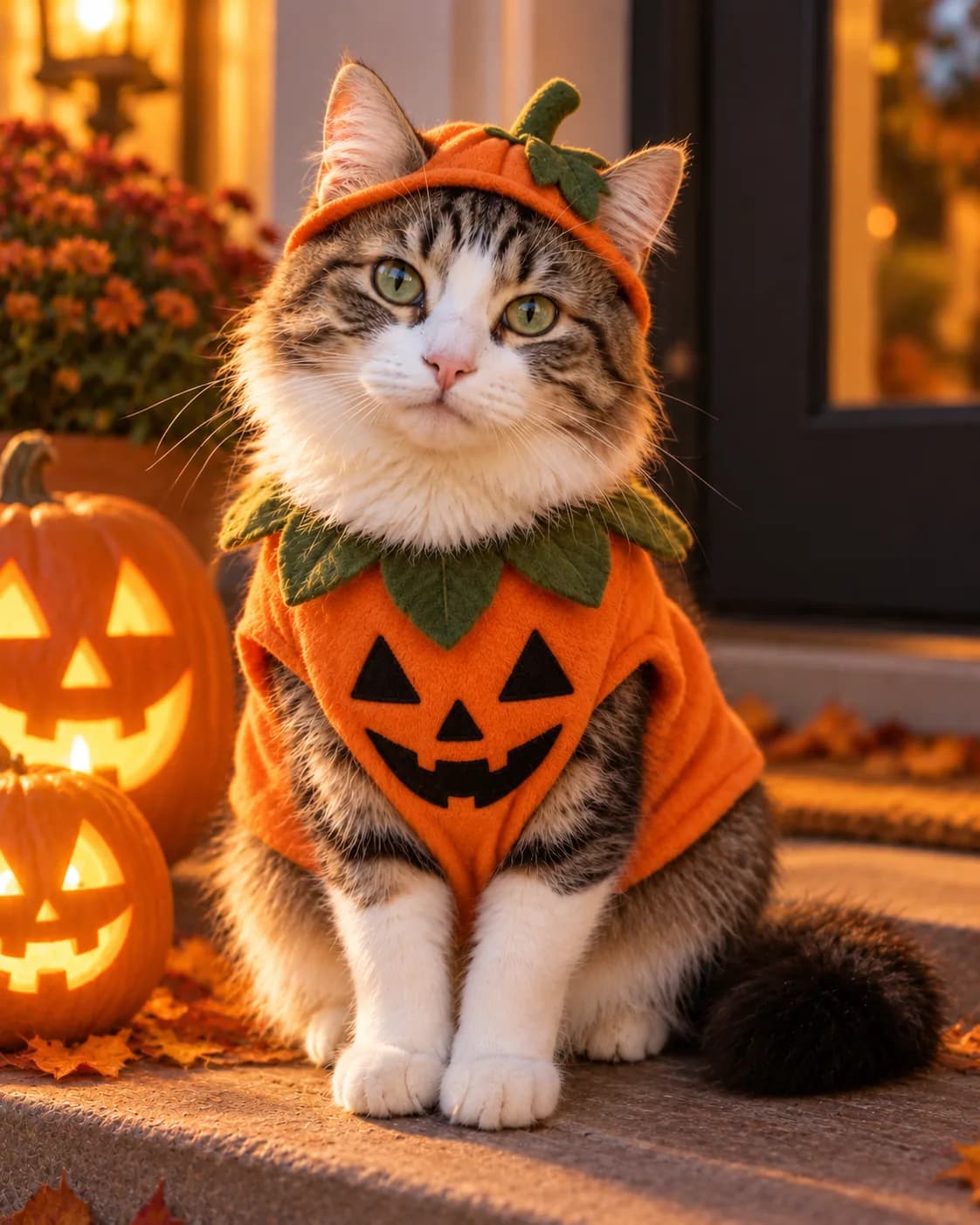 The same tabby-and-white cat in an orange jack-o'-lantern costume and hat.