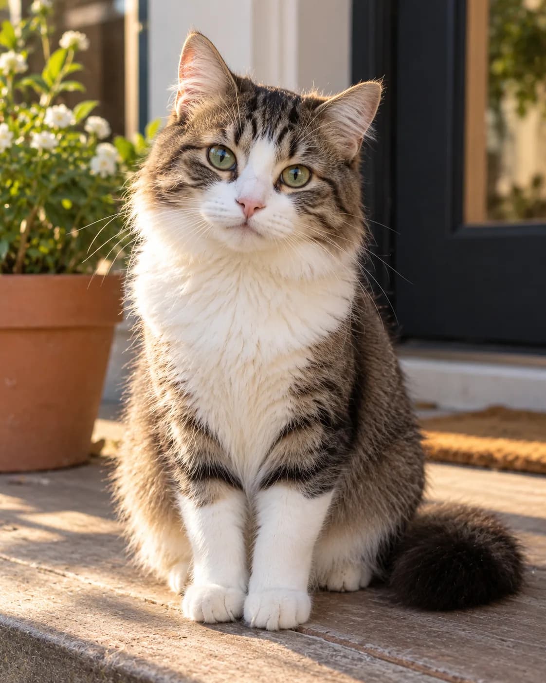 AI-generated tabby-and-white cat sitting on a porch.