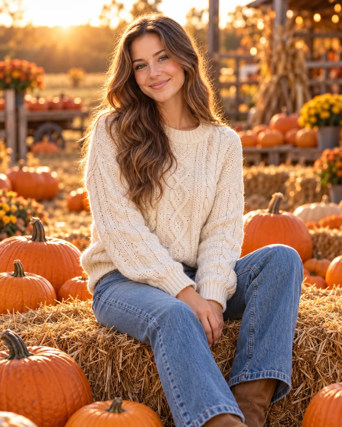 Woman in a cream knit sweater sitting on a hay bale among pumpkins at golden hour.