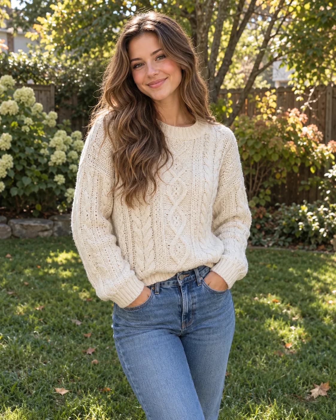 AI-generated woman with long dark hair, wearing a cream sweater and jeans in a sunny garden.