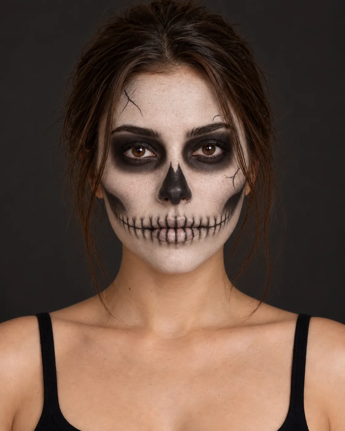 Portrait with skeleton face paint: a white base, black eye sockets, and stitched teeth, against a dark background.