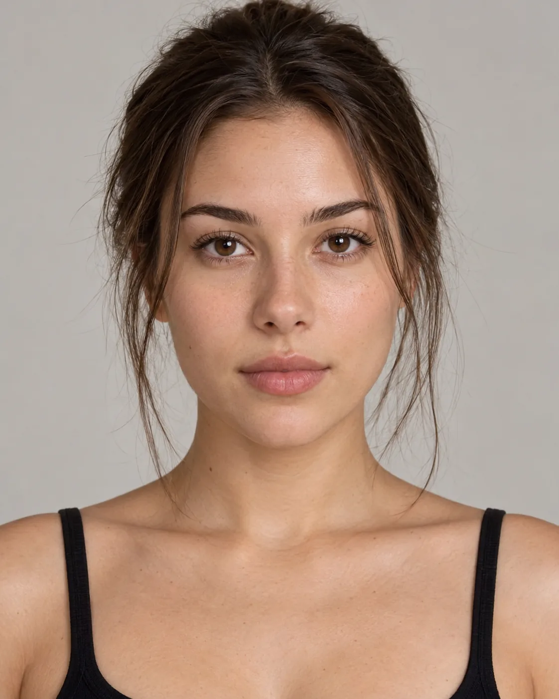 AI-generated portrait of a woman with dark hair pulled back, facing the camera, before the skeleton makeup.