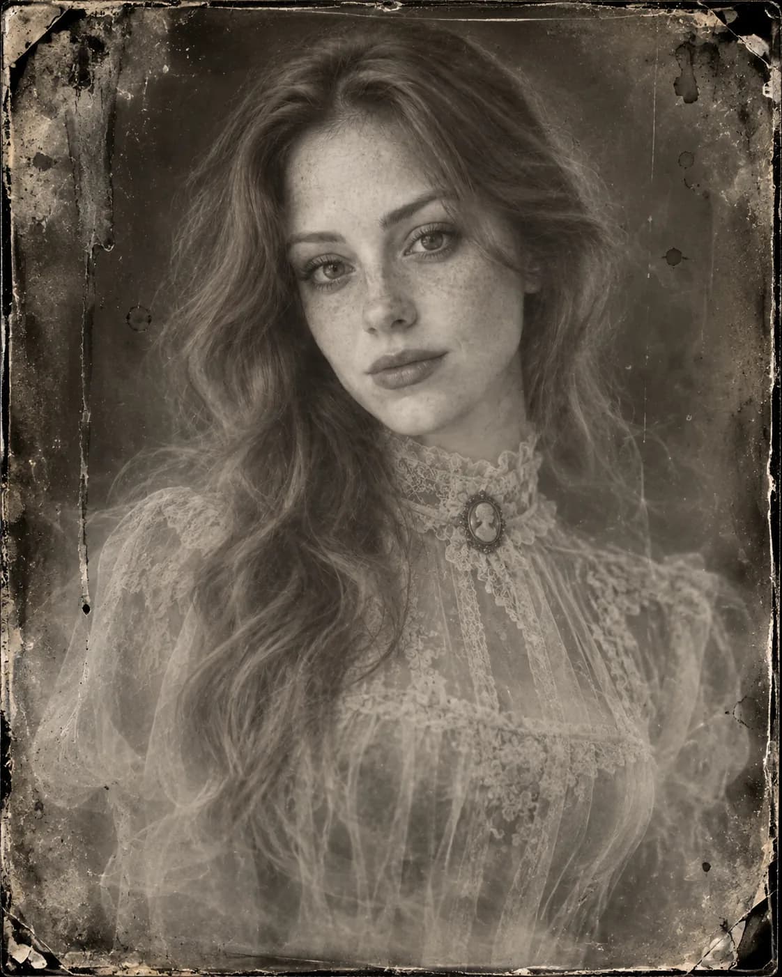 Black-and-white wet-plate style portrait of a pale Victorian ghost in a high-collared dress.