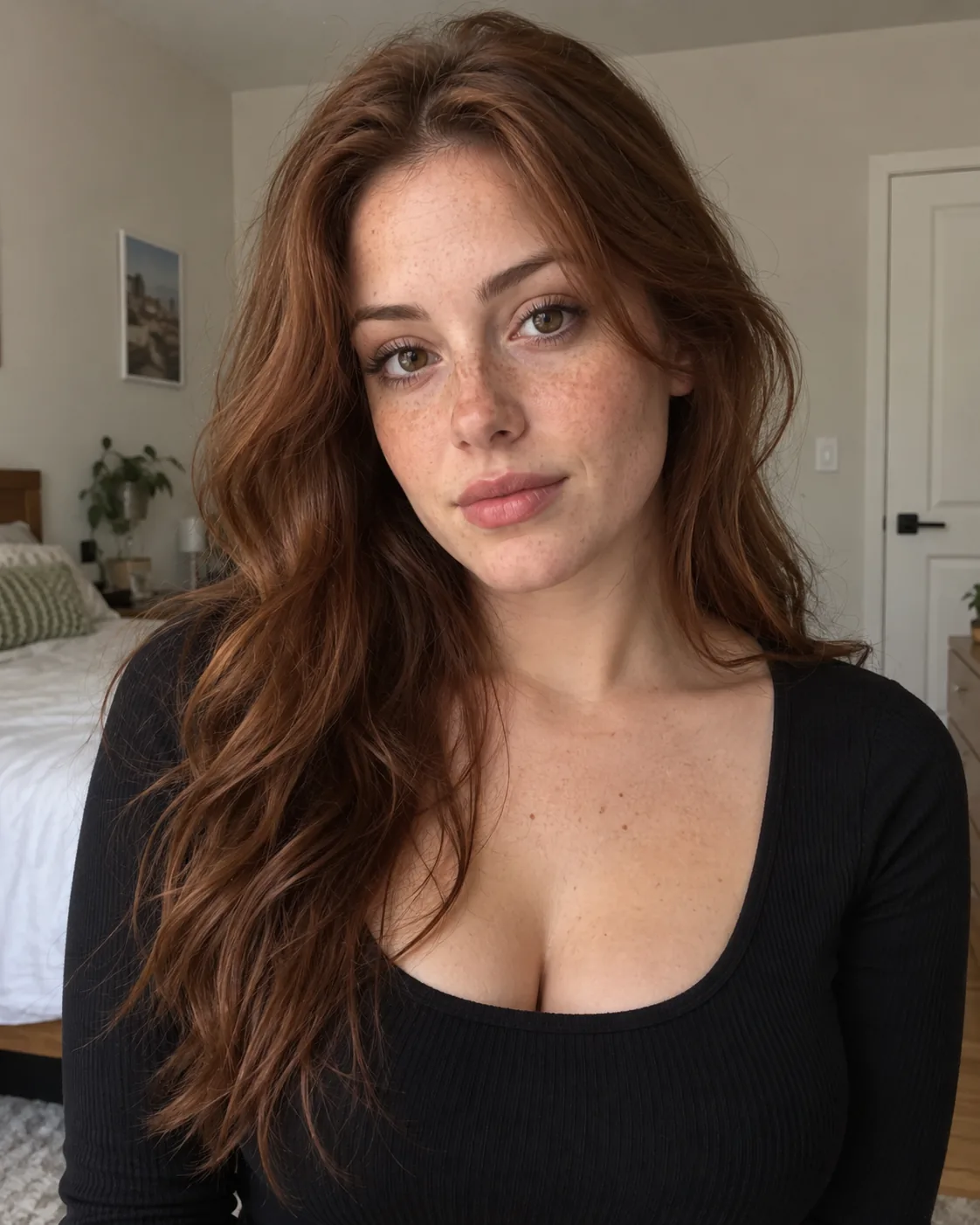 AI-generated woman with long, loose auburn hair.