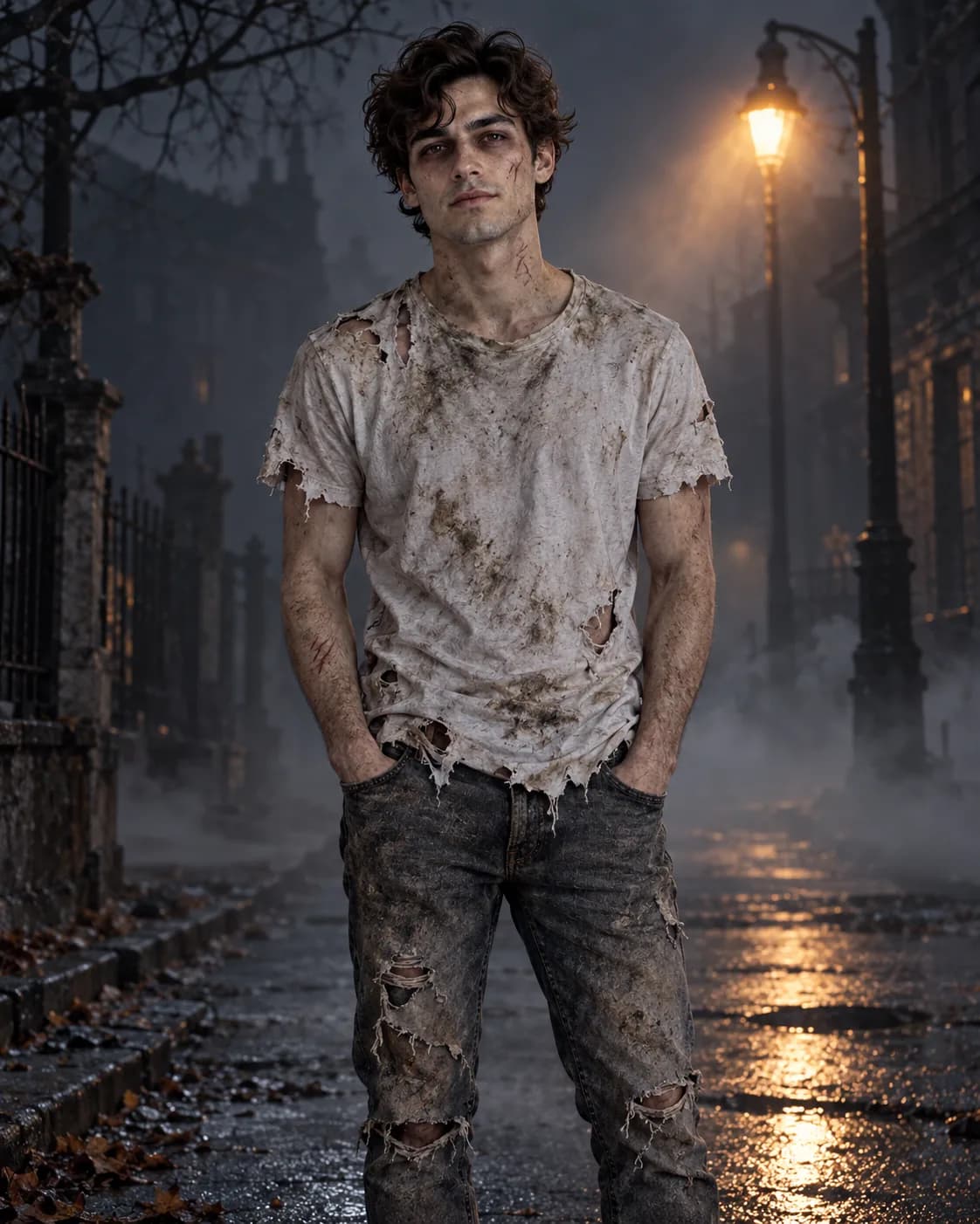 Young man with dark curly hair in a torn, dirt-stained white tee on a foggy wet street at night.