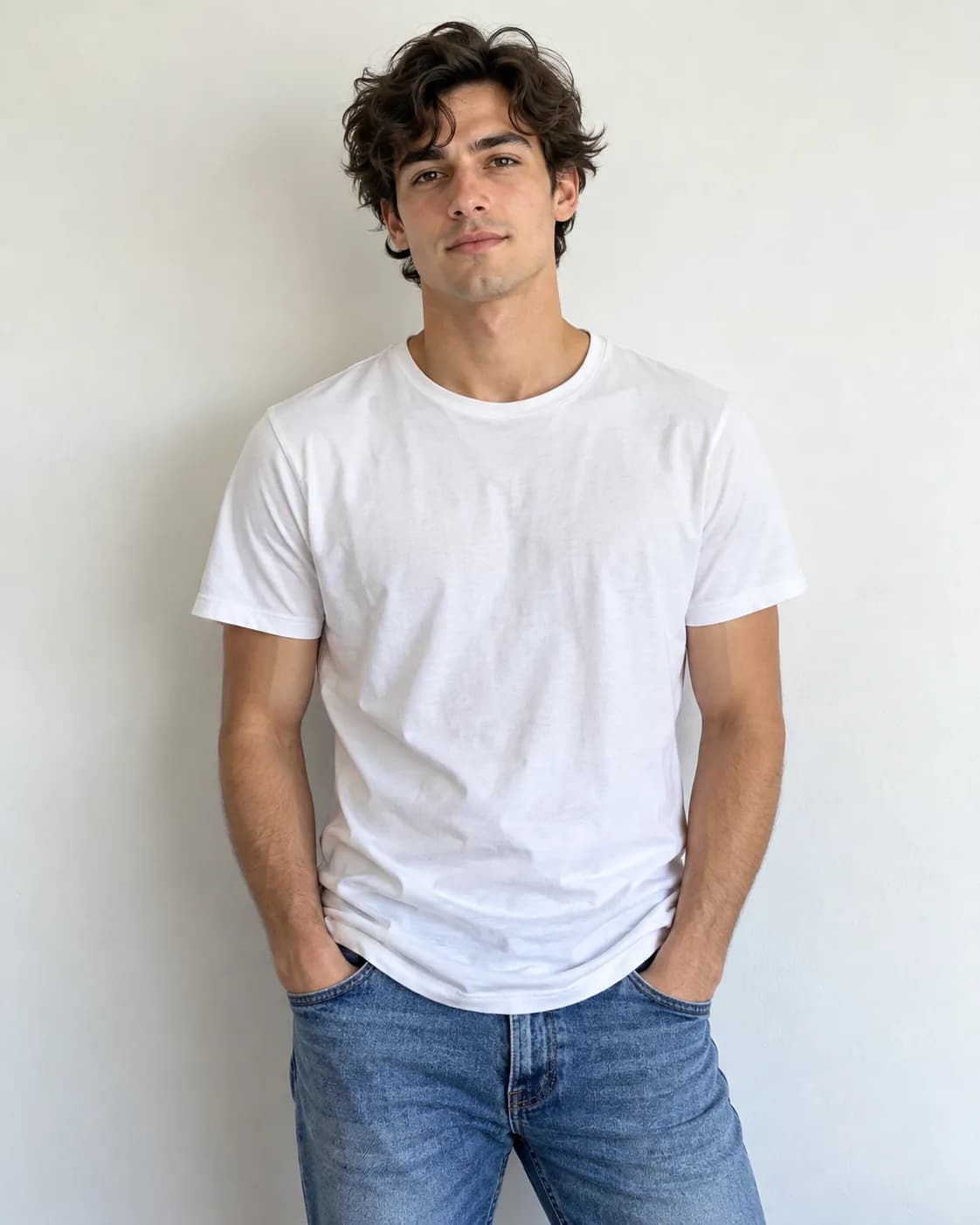 AI-generated young man with dark curly hair, wearing a white T-shirt.