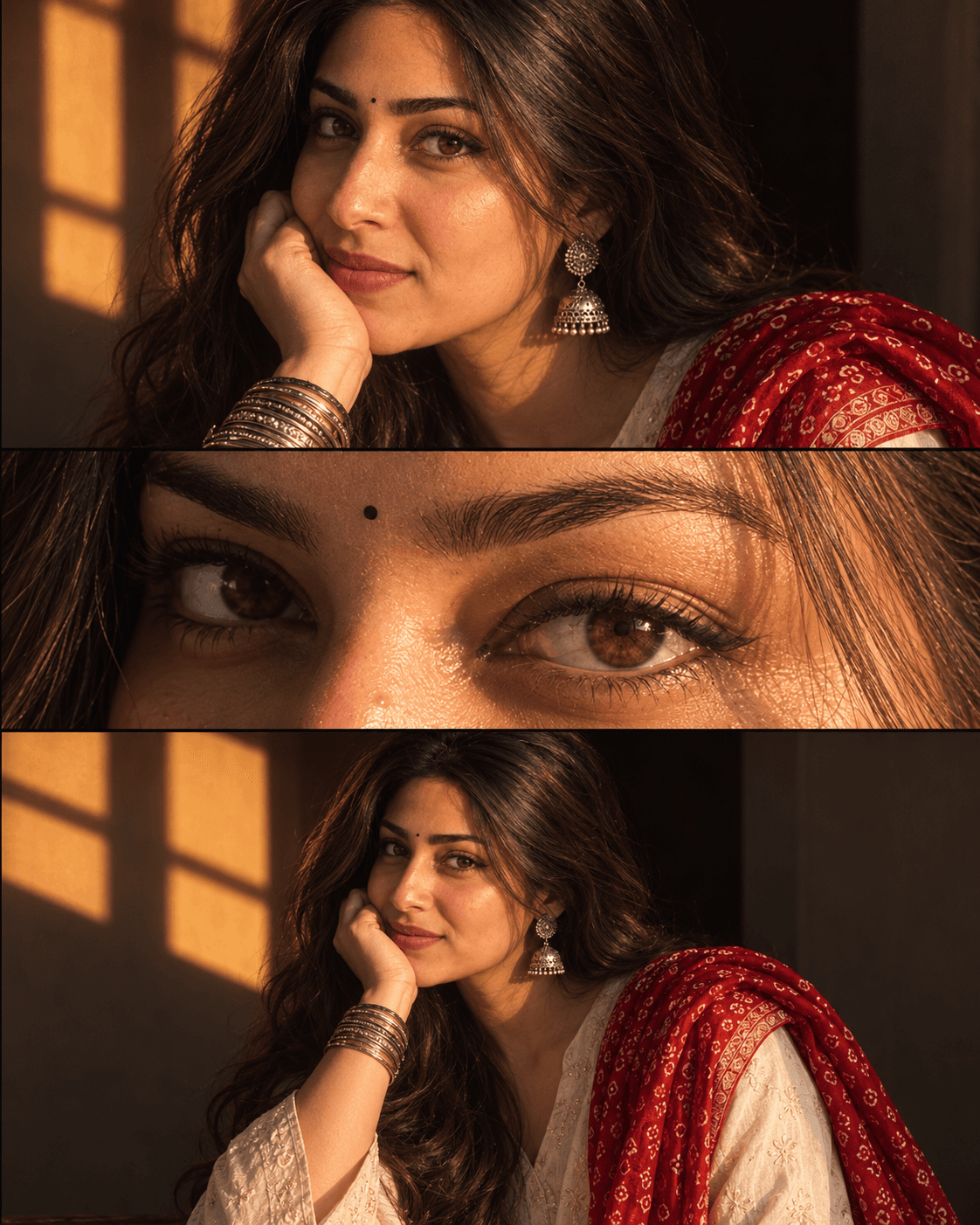 AI result showing Traditional Saree AI Photo Prompt: 3-Panel Collage