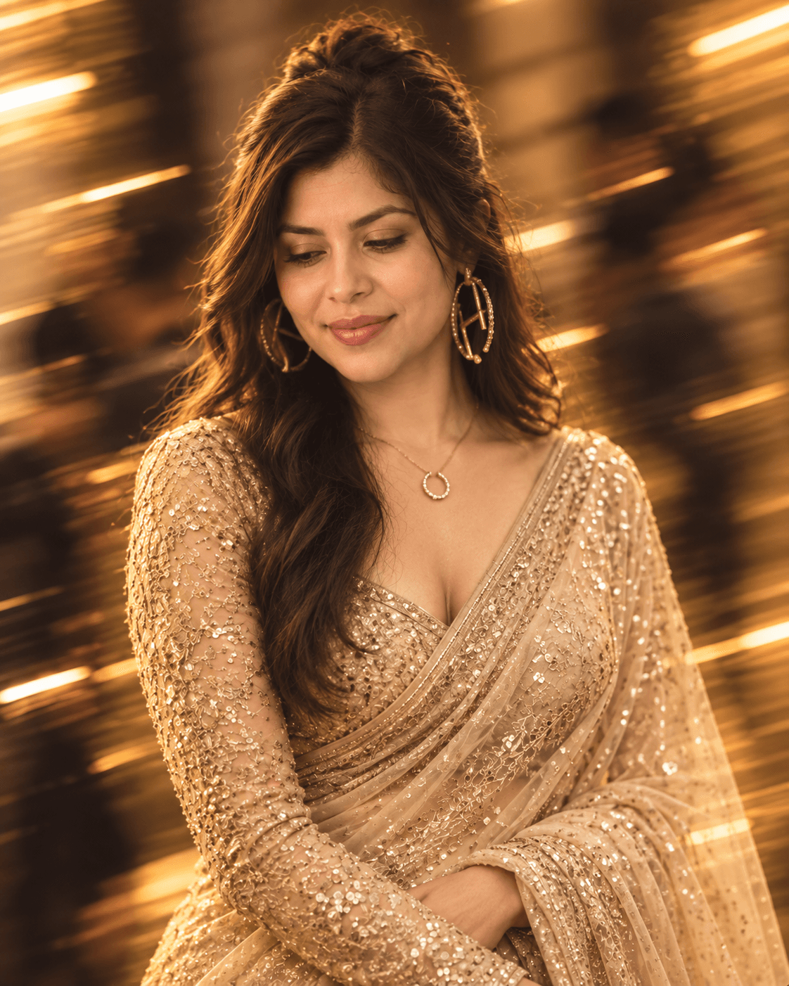 AI result showing Golden Saree AI Photo Editing Prompt (Motion Blur Glam)