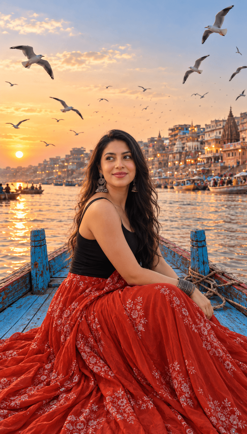 AI result showing Varanasi Sunset Lehenga AI Photo Prompt (Riverside Boat)