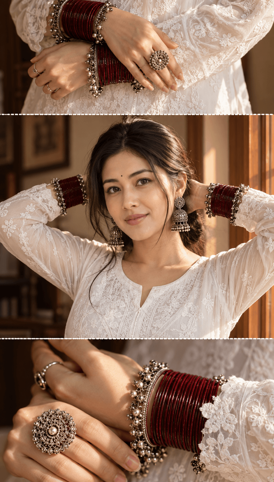 AI result showing Red Bangles Saree AI Photo Prompt for Girls (Triptych)