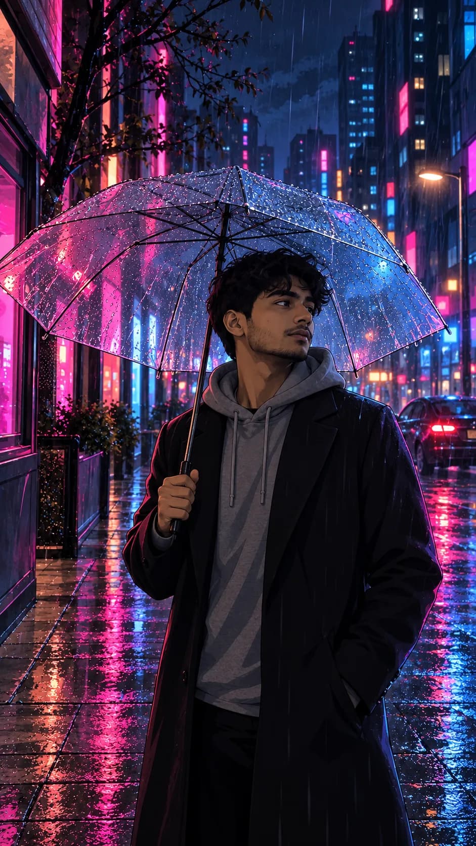 Rainy Night Street Anime Boy AI Photo Prompt AI photo result
