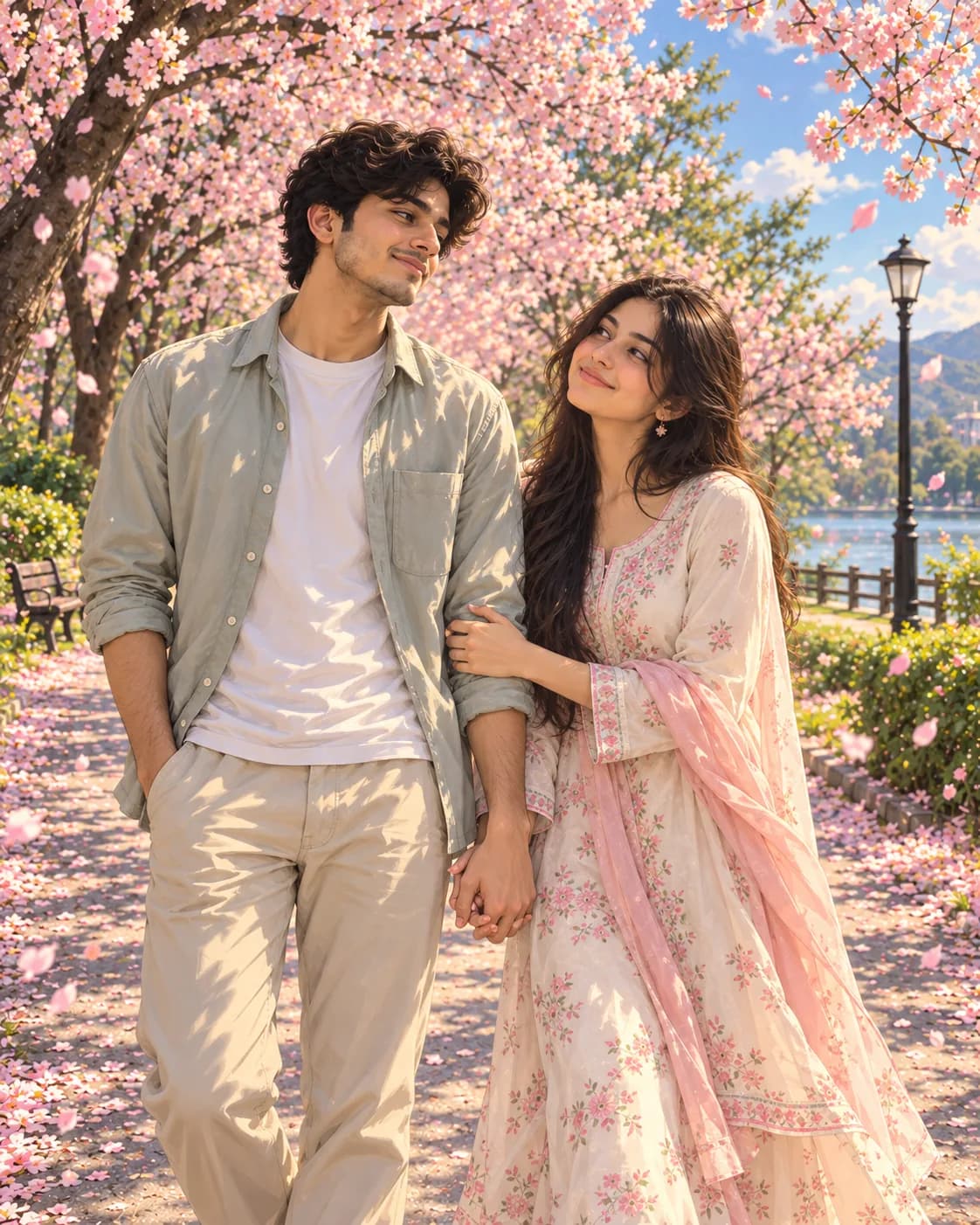 Soft anime-style illustration of the man and woman arm in arm, sage shirt and cream kurta with pink dupatta, under cherry blossoms by a lake with falling petals.