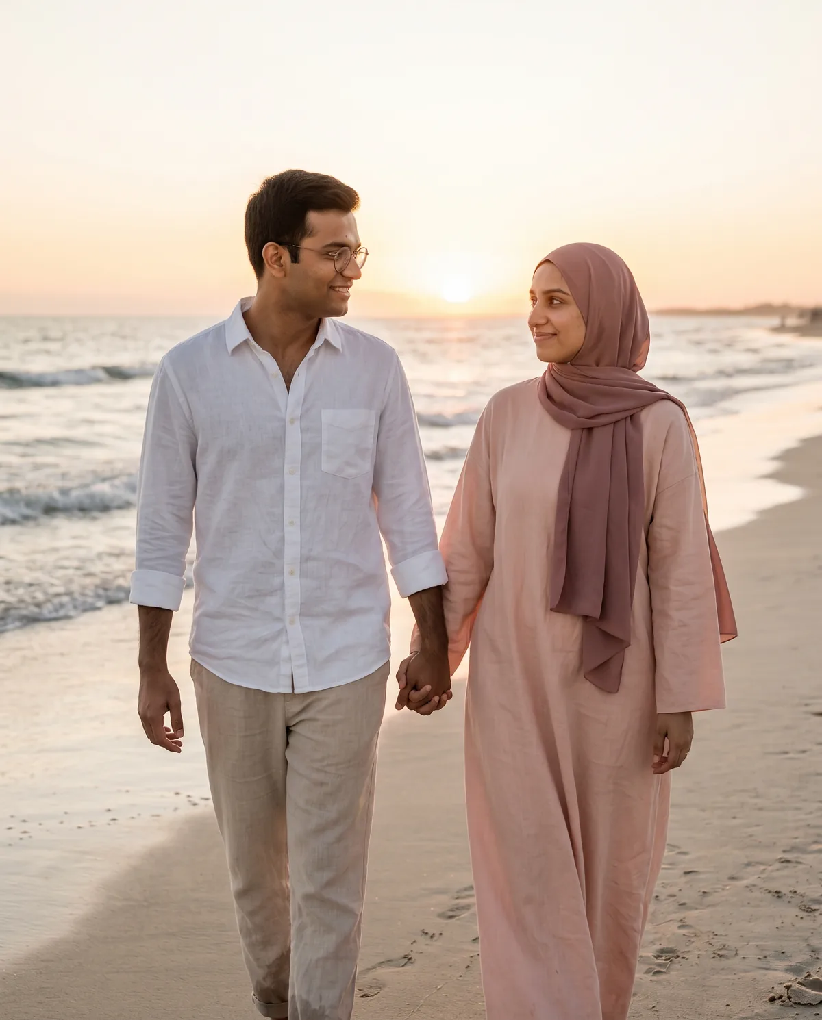 Realistic sunset beach photo of the same couple walking hand in hand along the shoreline, smiling at each other, he in glasses, a white linen shirt and beige trousers, she in a long pastel-pink dress and dusty-rose hijab, the sun low over the waves.