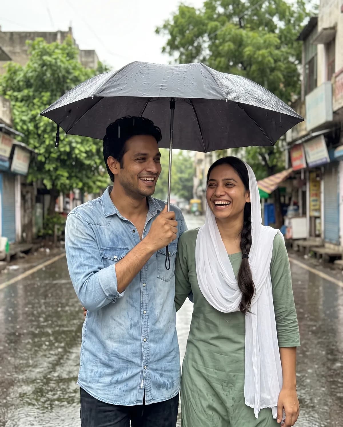 Realistic monsoon photo of the same couple laughing under one black umbrella he holds, he in a denim shirt, she in a sage-green kurti and white dupatta, on a rain-soaked street with trees and blurred shop signs.