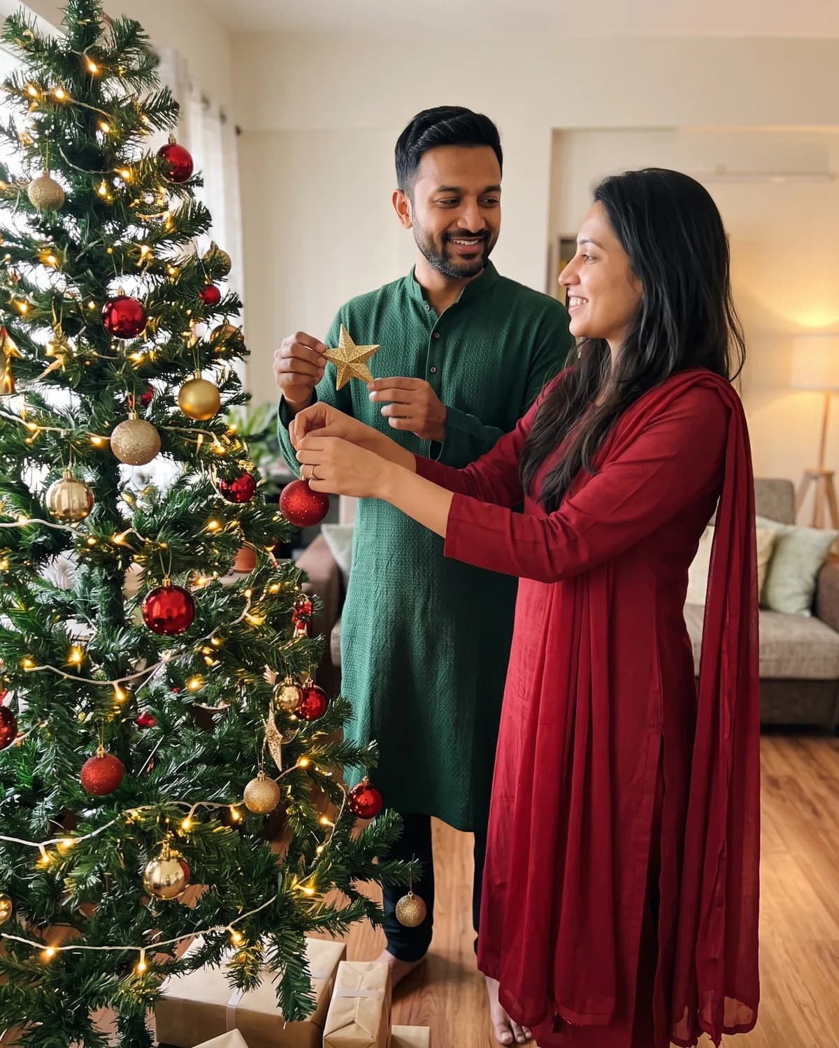 Realistic photo of the same couple decorating a Christmas tree in a living room, he in a green kurta holding a gold star ornament, she in a deep red kurti and dupatta hanging a red bauble, with red and gold ornaments and wrapped gifts under the tree.