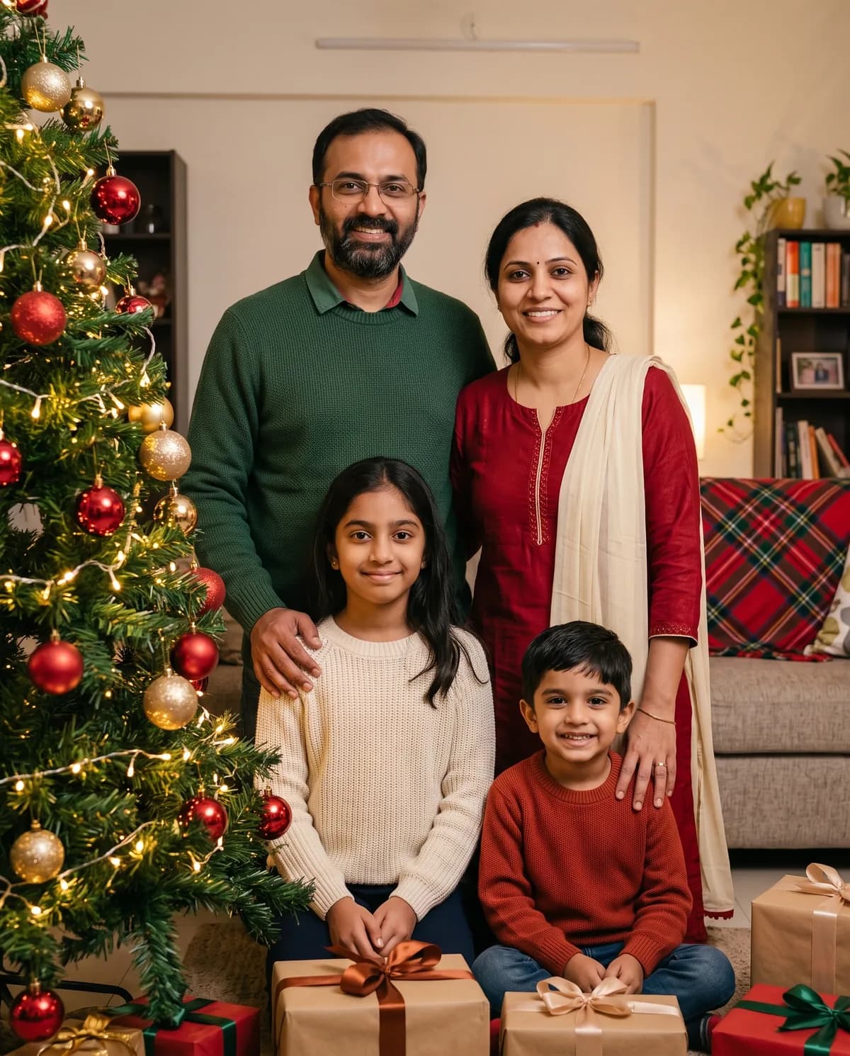 Christmas Family Photoshoot AI Prompt (Tree and Gifts) AI photo result
