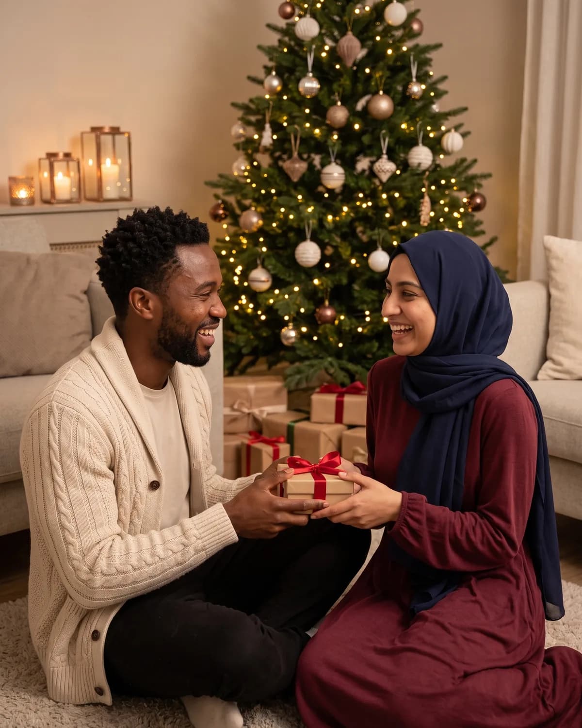 Realistic photo of the same couple sitting on a rug by a decorated tree, laughing as they pass a small gift with a red ribbon between them, he in a cream cable-knit cardigan, she in a burgundy dress and navy hijab, with candle lanterns and wrapped gifts behind.
