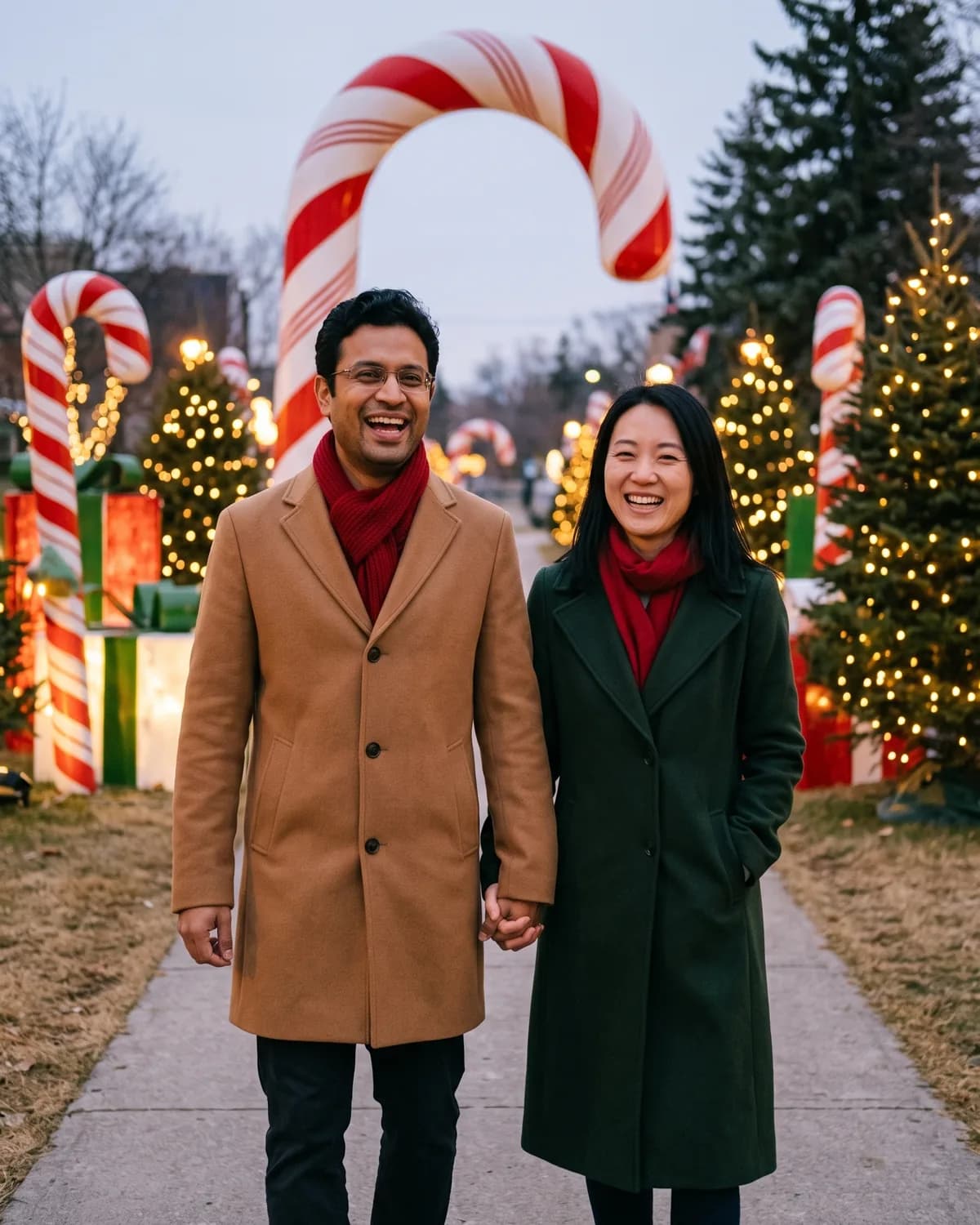 The same couple laughing as they walk hand in hand down a dry paved lane at dusk: the man with glasses in a camel coat and red scarf, the woman with straight black hair in a dark green coat and red scarf, between giant candy-cane arches, lit Christmas trees and wrapped gift displays.