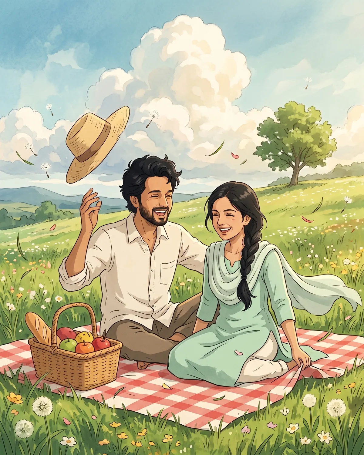Hand-painted anime couple laughing on a red checkered picnic blanket in a wildflower meadow, a straw hat tossed in the breeze.