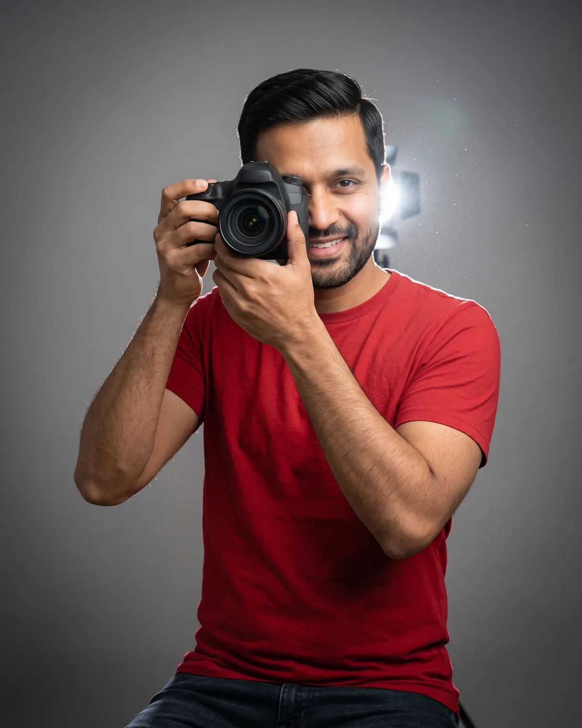 AI result showing Photographer in Red T-Shirt Studio Portrait