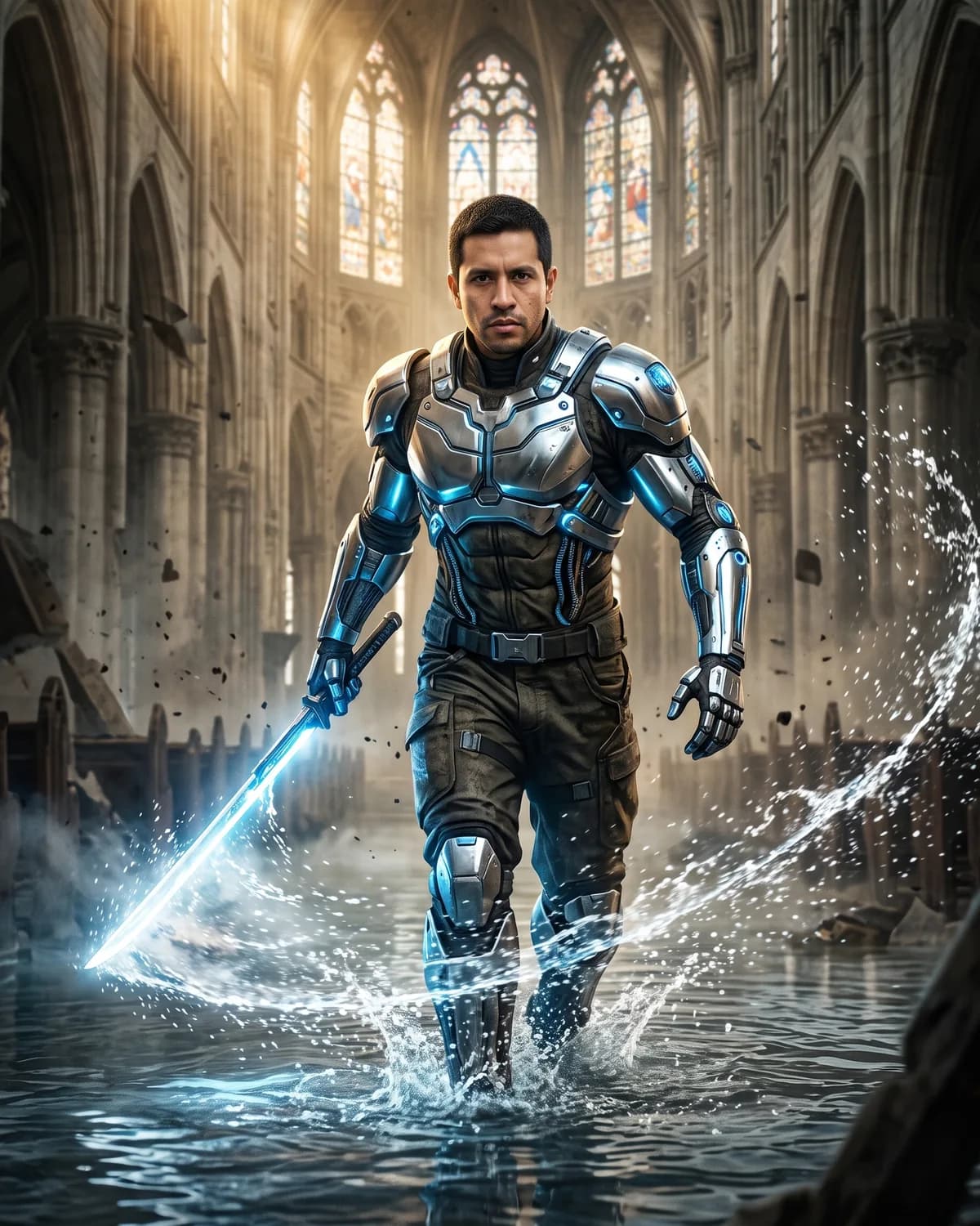 AI result showing Cybernetic Warrior in Flooded Gothic Cathedral
