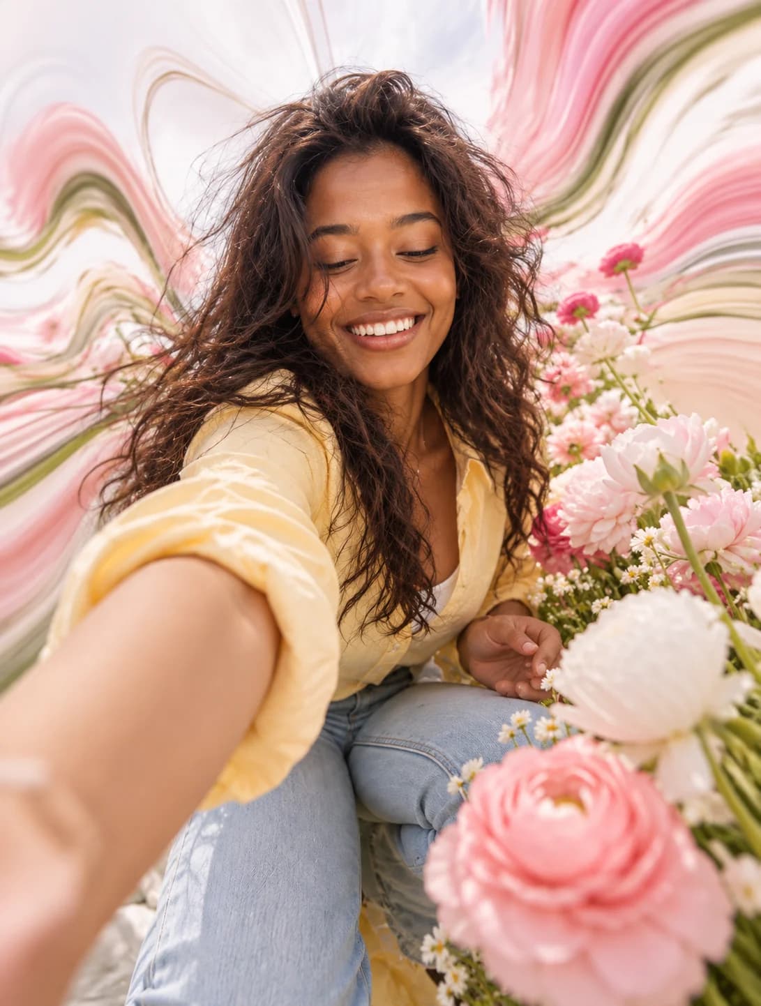 Dreamy Flower AI Photo Prompt (Liquid Warp Selfie) AI photo result