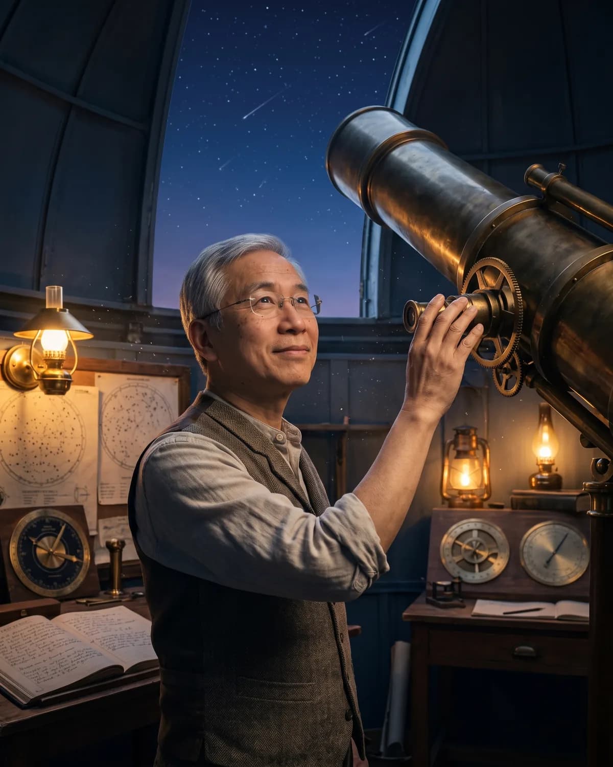 AI result showing Astronomer in Observatory Dome at Twilight