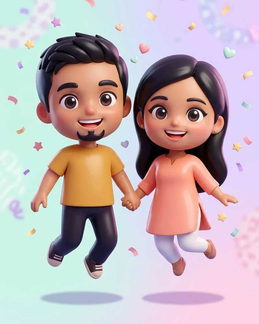 Cute chibi 3D couple with oversized heads jumping and holding hands under soft studio lighting.