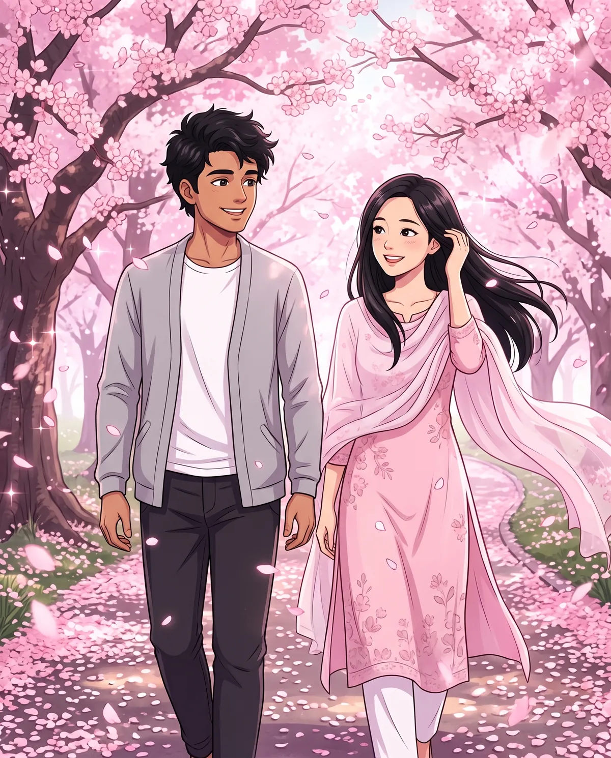 Anime couple standing close under falling pink cherry blossoms on a soft spring path.