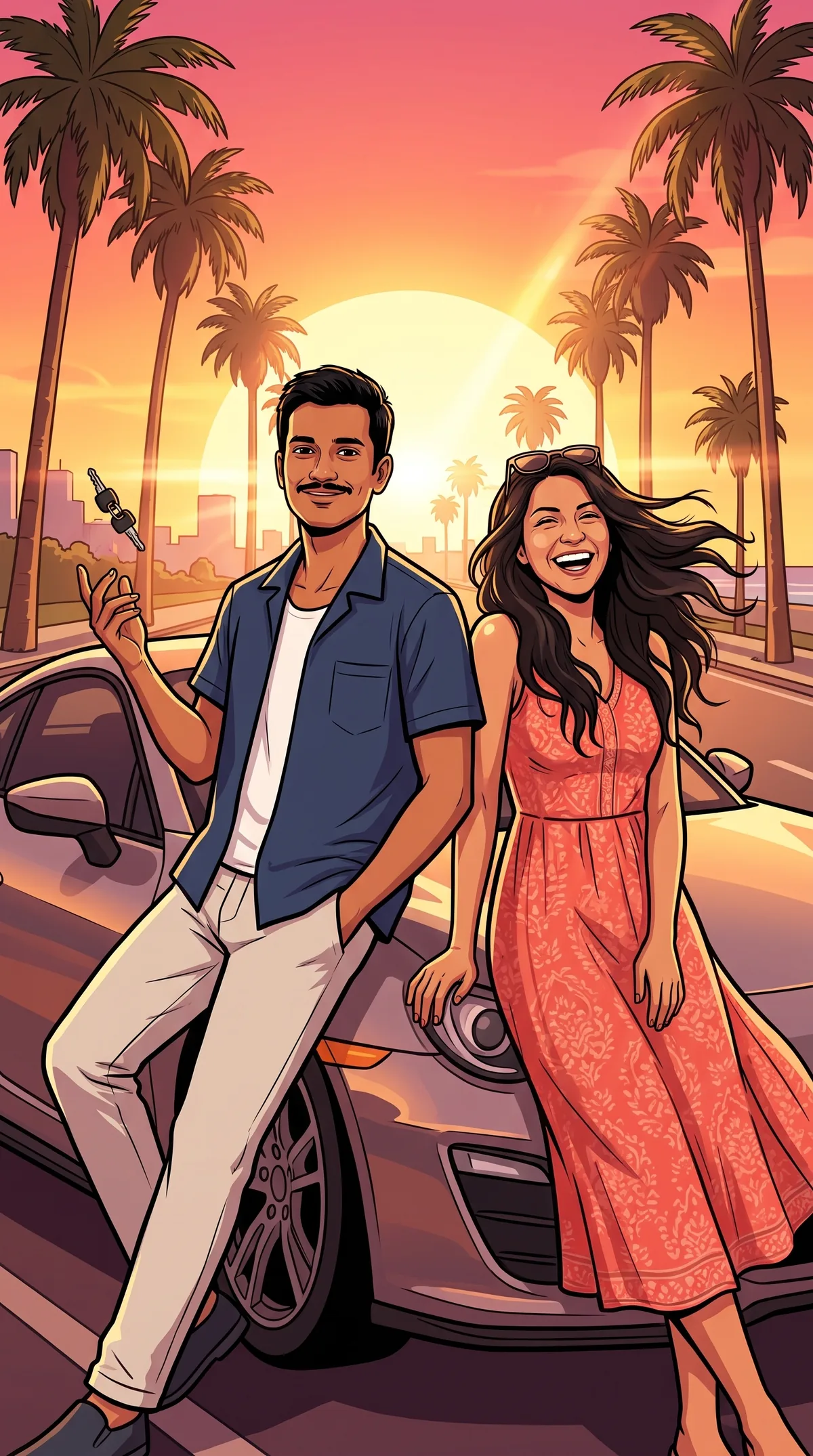 Bold game loading-screen illustration of a couple leaning on a badge-free car on a palm-lined boulevard at sunset, he flipping a set of keys.