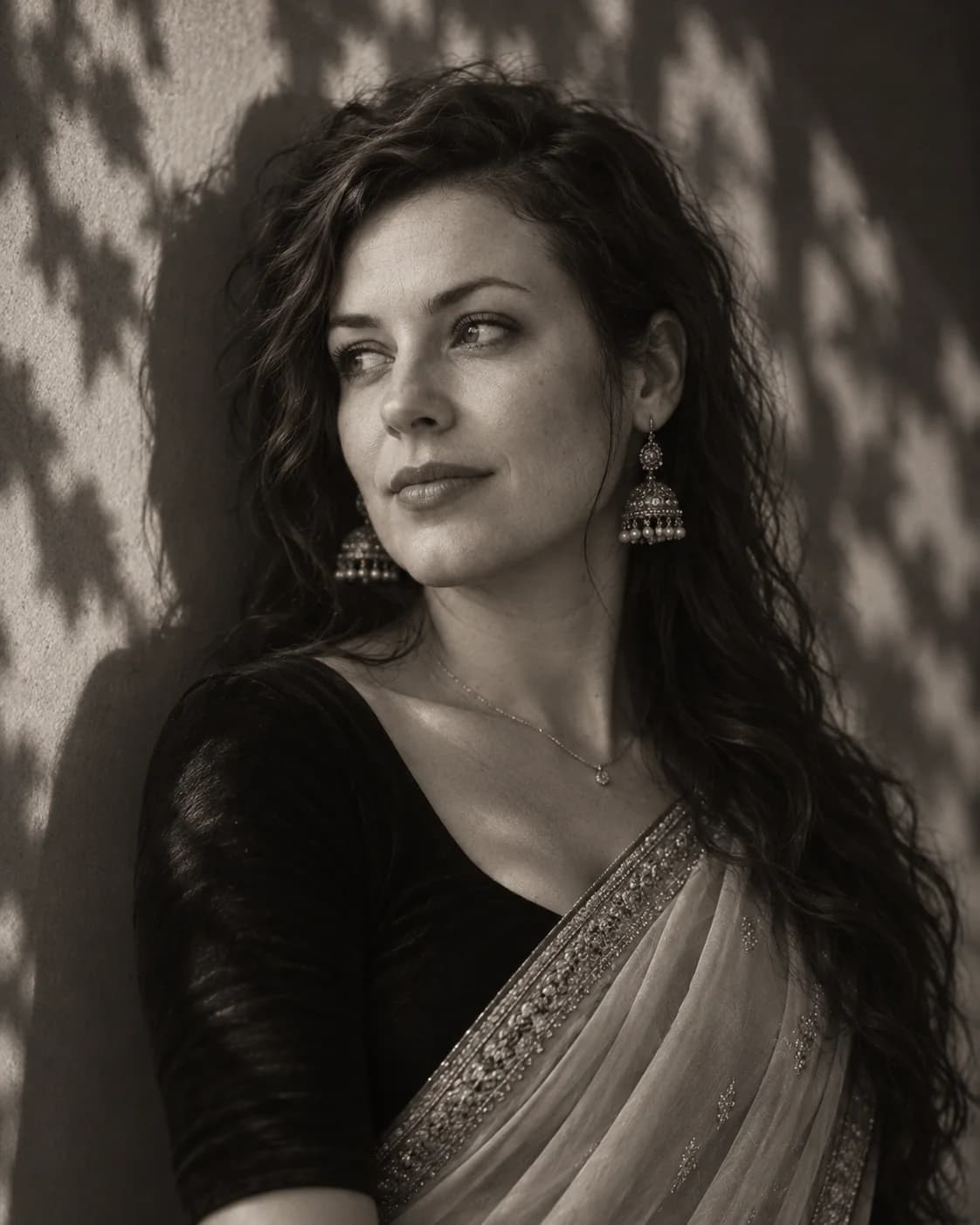 Black & White Saree AI Photo Prompt for Gemini (Leaf Shadow) AI photo result