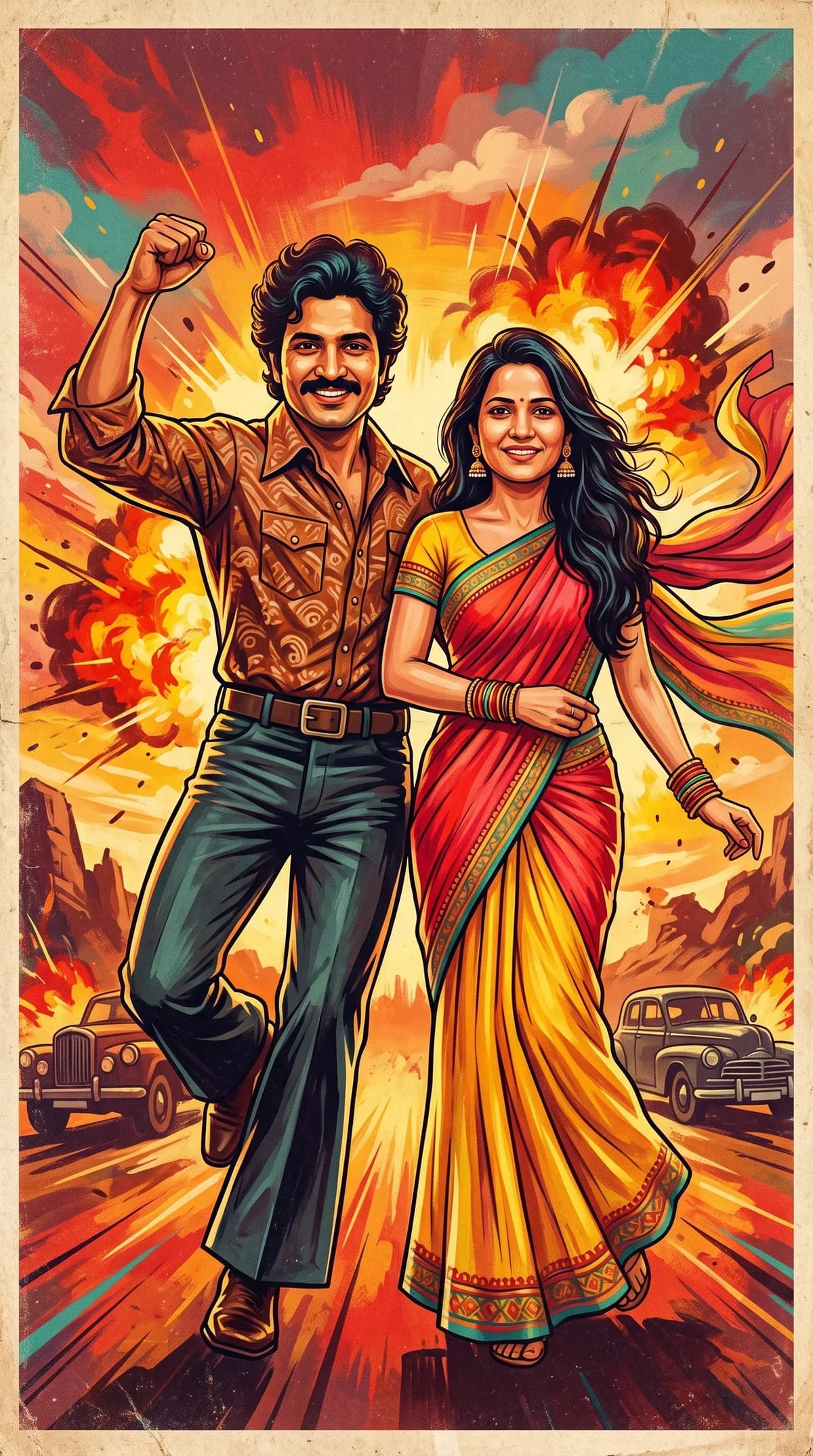 1970s hand-painted cinema poster of a hero and heroine in a dramatic painted adventure scene.