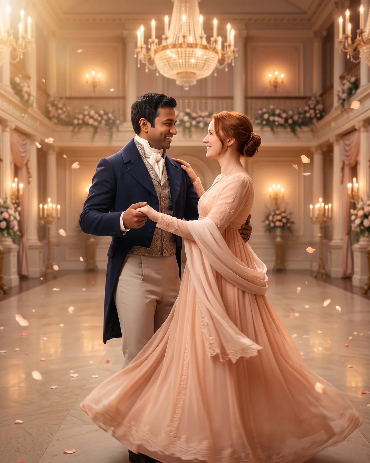 Regency ballroom couple waltzing under chandeliers in elegant original period attire.